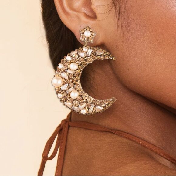 Deepa Gurnani Lavender Crystal Beaded Crescent Moon & Stars Earrings- Gold - Picture 1 of 2
